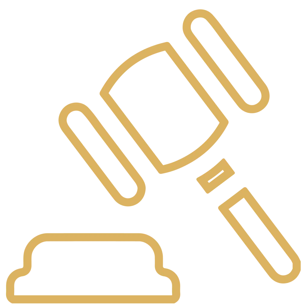 a gold line art of a gavel